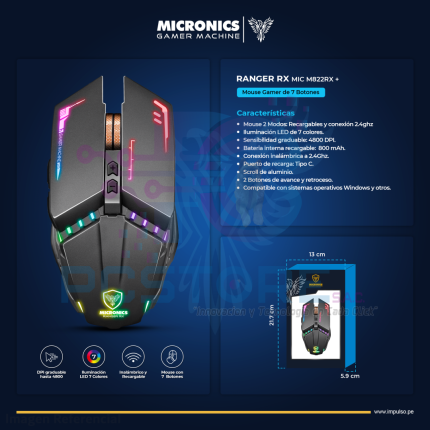 MOUSE GAMER MICRONICS INALAMBRICO RECARGABLE RANGER RX MIC M822RX