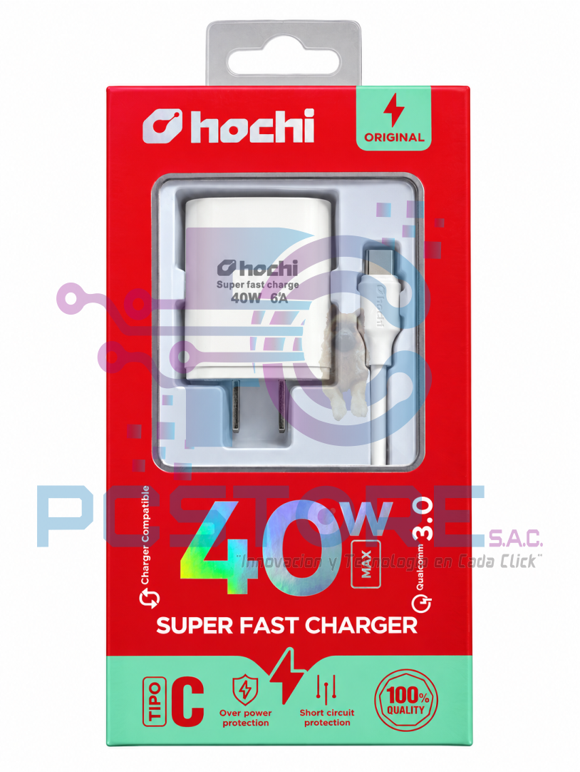CARGADOR PARA CELULAR Carga Rápida 40W TIPO C HOCHI #93 CARGADOR PARA CELULAR CARGA RAPIDA 40W TIPO C HOCHI #93 - Imagen 1